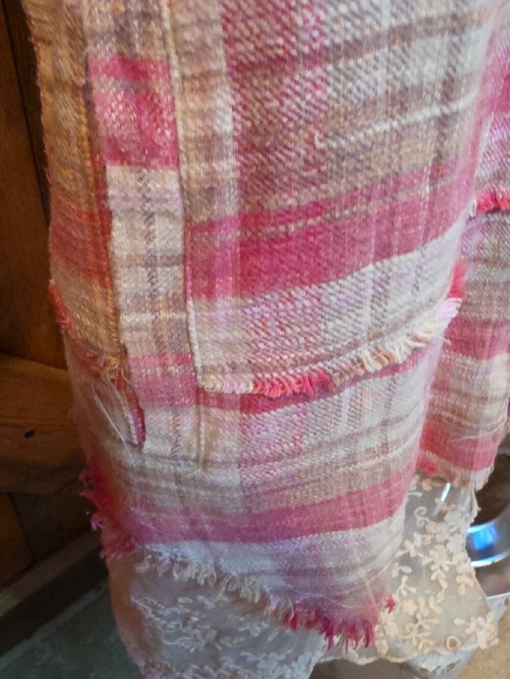 100p Oli & Hali Pink and Cream Plaid Button-Up  with Lace Trim - Picture 7 of 15